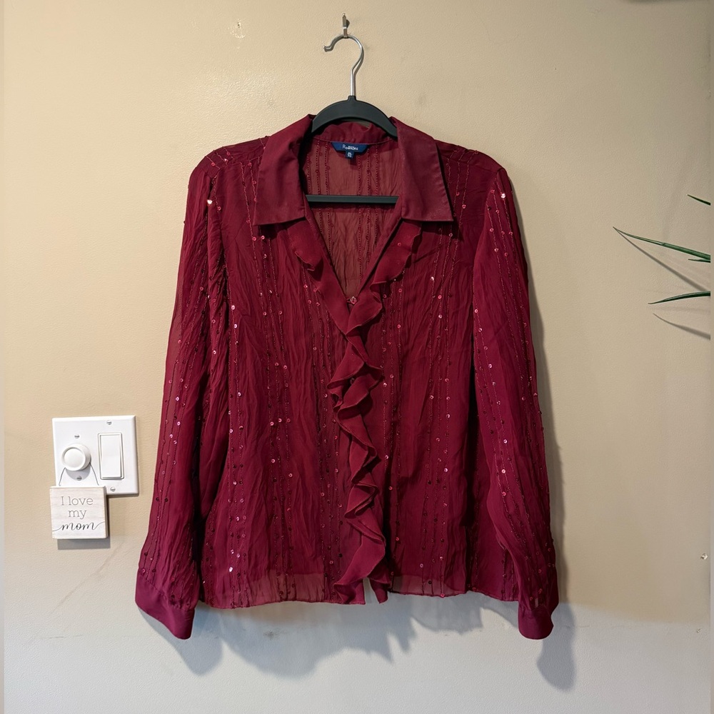 Reitmans Burgundy Sheer Sparkly Top with Ruffles & Sequin Embellishment - Picture 8 of 13